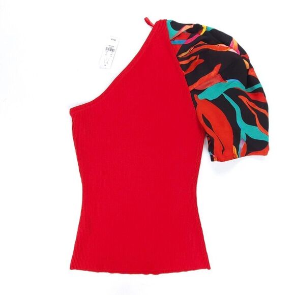 NWT NY&CO One Shoulder Asymmetric Ribbed Knit Puff Sleeve Top Medium Resort Red - Picture 5 of 7